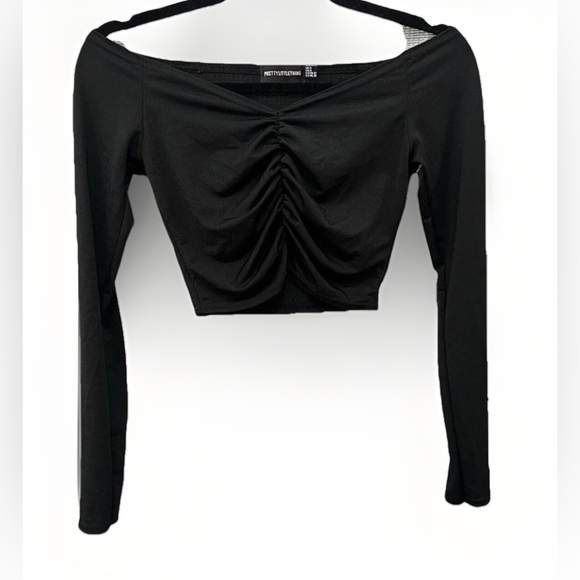 Pretty Little Thing Ladies Black Crop Long Sleeve Top shirt cold Shoulder Small - Picture 1 of 8